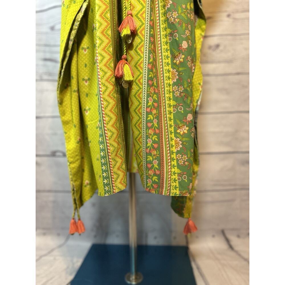 Boho Floral Geometric Tassel Fringe Dress Green Pink Tropical Tunic L - Picture 6 of 9